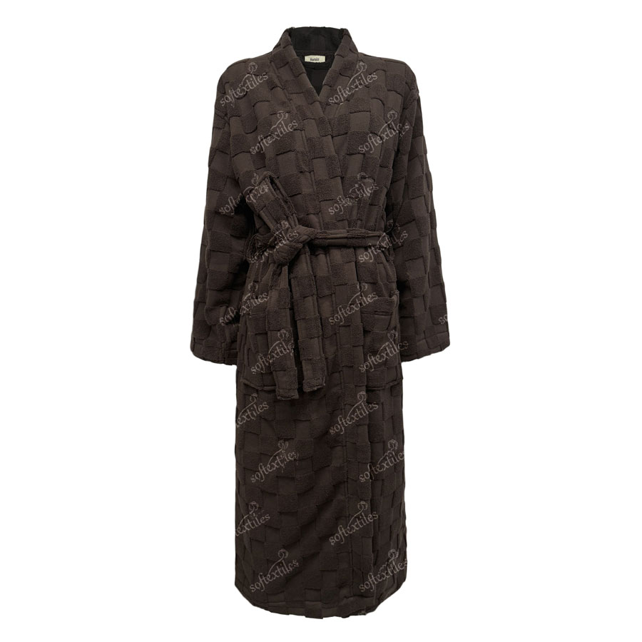 Pure Cotton Brown Checkerboard Long Style Bathrobe - Front View, Cotton, Kimono, Brown, 400GSM, Image 1