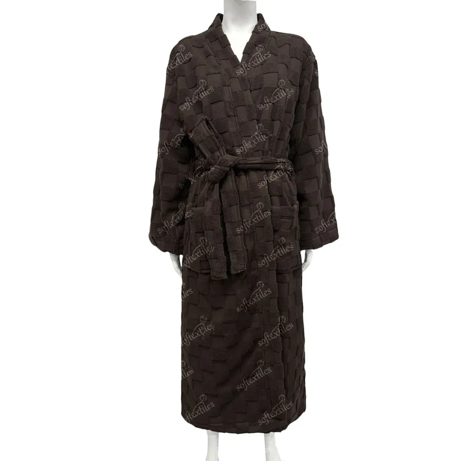 Pure Cotton Brown Checkerboard Long Style Bathrobe - Front View, Cotton, Kimono, Brown, 400GSM, Image 3