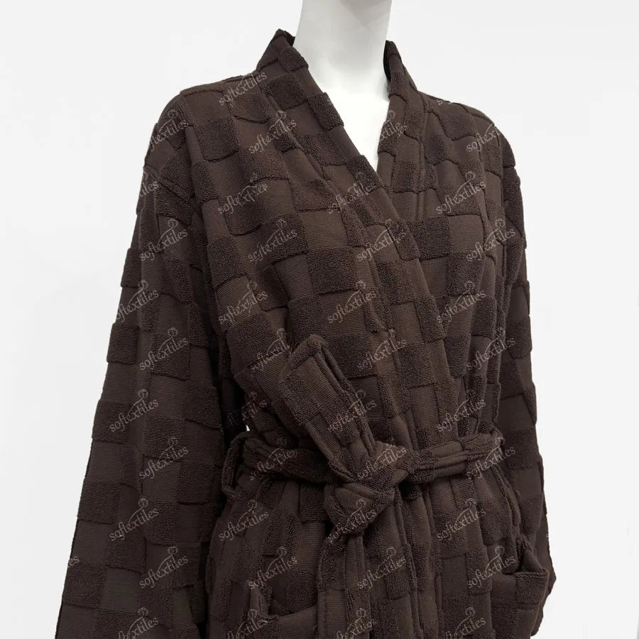 Pure Cotton Brown Checkerboard Long Style Bathrobe - Right Side View, Cotton, Kimono, Brown, 400GSM, Image 4