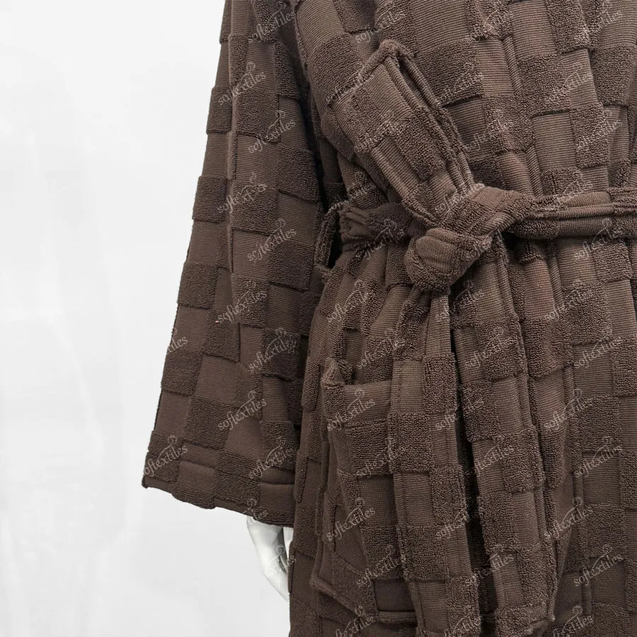 Pure Cotton Brown Checkerboard Long Style Bathrobe - Detail View, Cotton, Kimono, Brown, 400GSM, Image 5