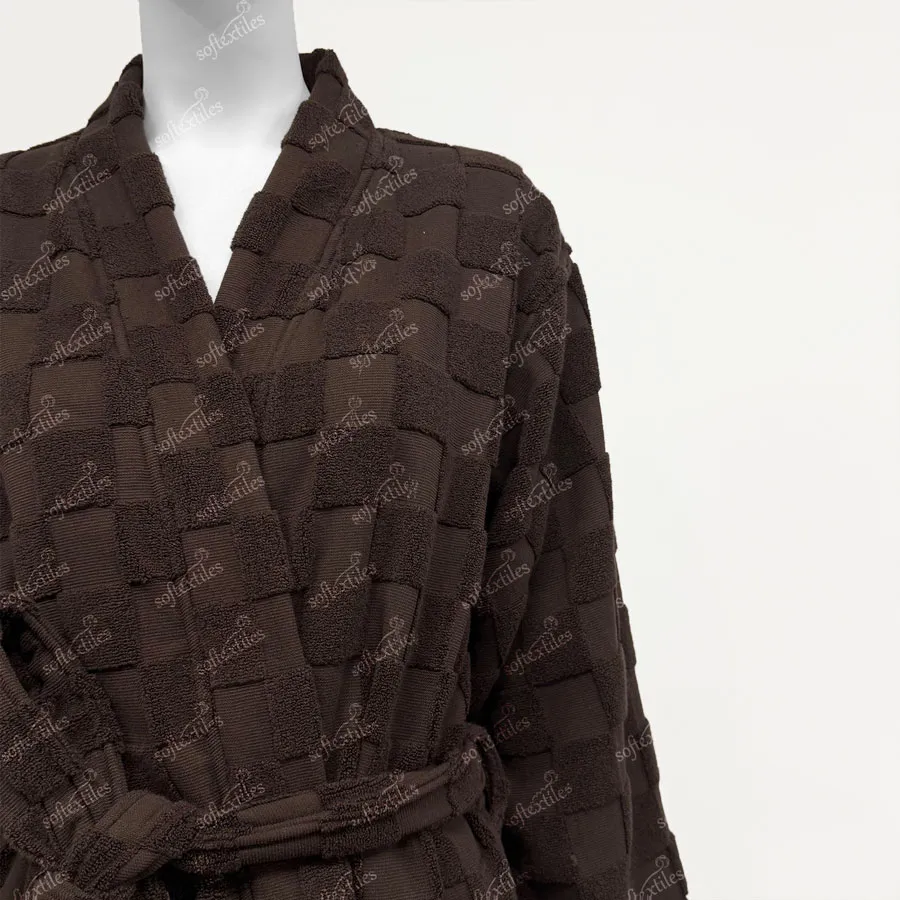 Pure Cotton Brown Checkerboard Long Style Bathrobe - Collar Detail, Cotton, Kimono, Brown, 400GSM, Image 6