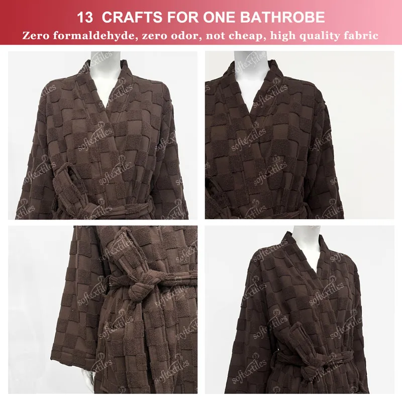 Pure Cotton Brown Checkerboard Long Style Bathrobe - Detail View, Cotton, Kimono, Brown, 400GSM, Image 7