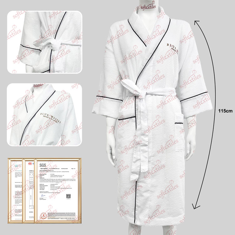 Pure Cotton Seersucker Bathrobe - Front View, Cotton, Shawl Collar / Embroidered, White, 250GSM, Image 1