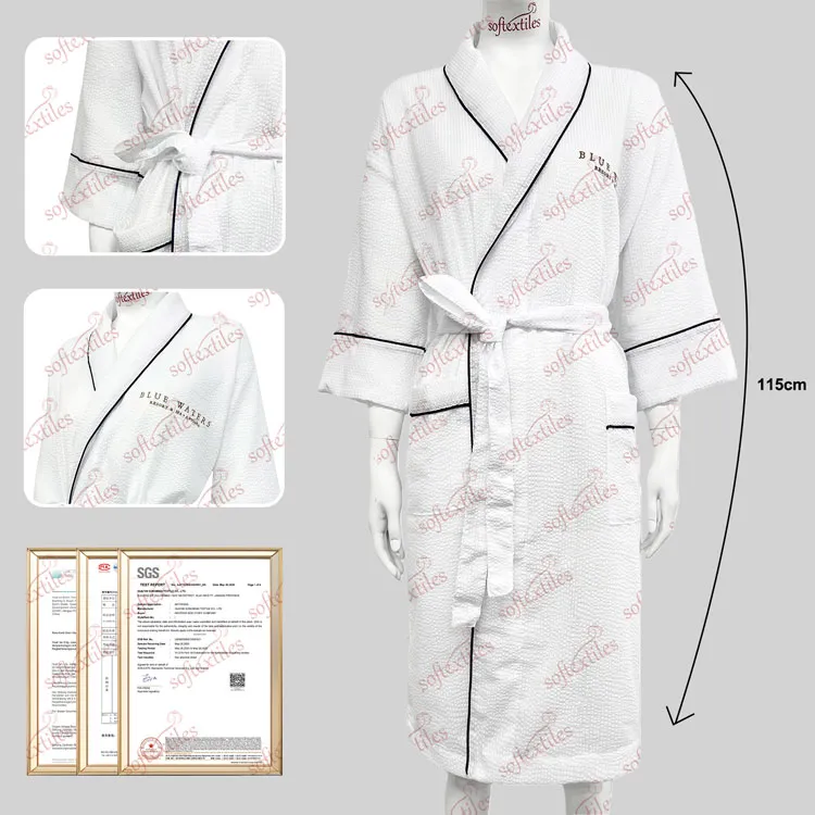 Pure Cotton Seersucker bathrobe hero view, image 1, showing robe silhouette, fit impression, and overall styling.