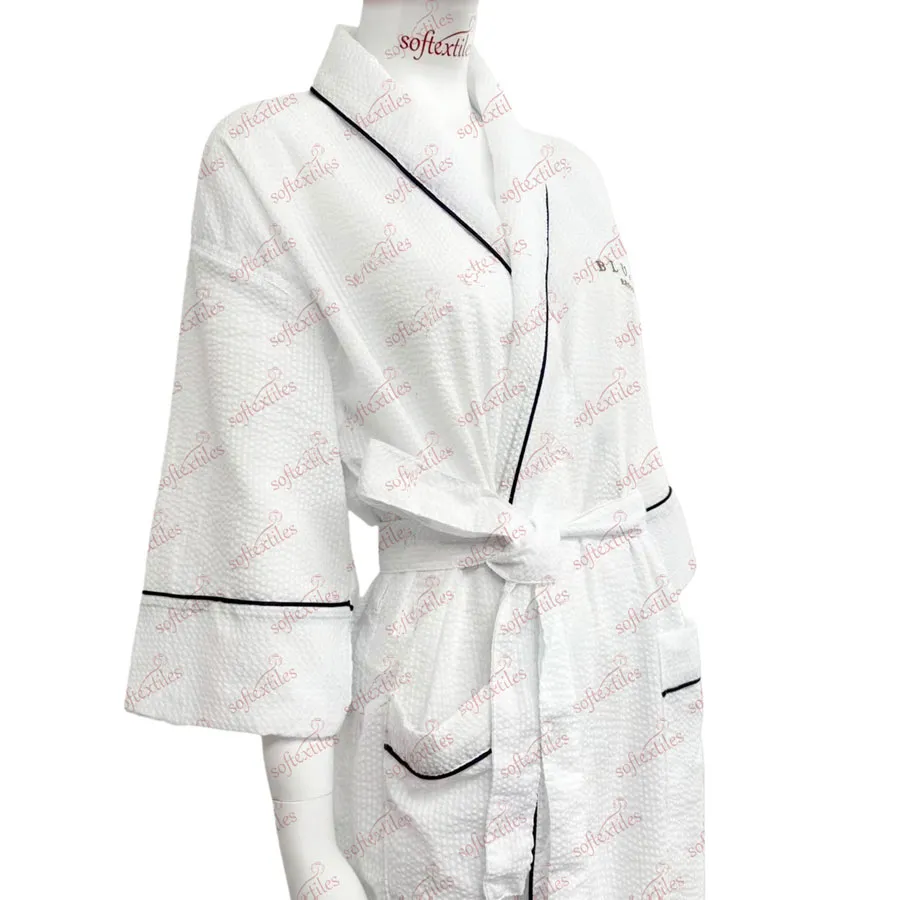 Pure Cotton Seersucker Bathrobe - Right Side View, Cotton, Shawl Collar / Embroidered, White, 250GSM, Image 3