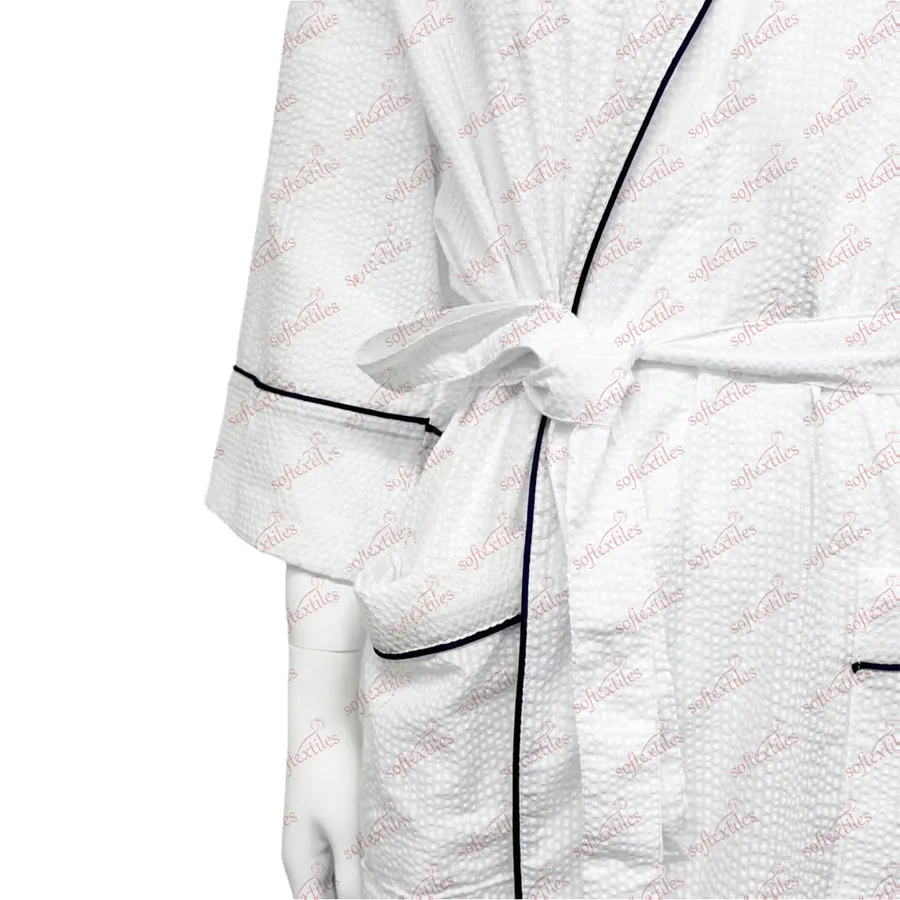 Pure Cotton Seersucker Bathrobe - Detail View, Cotton, Shawl Collar / Embroidered, White, 250GSM, Image 4