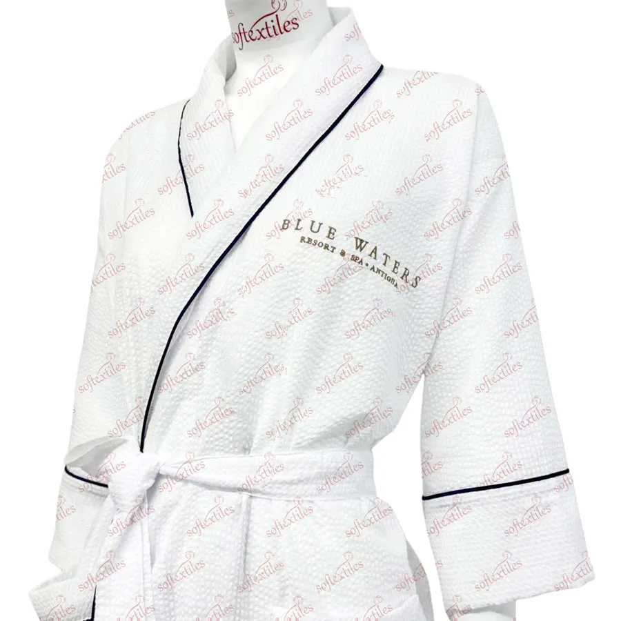 Pure Cotton Seersucker Bathrobe - Left Side View, Cotton, Shawl Collar / Embroidered, White, 250GSM, Image 5