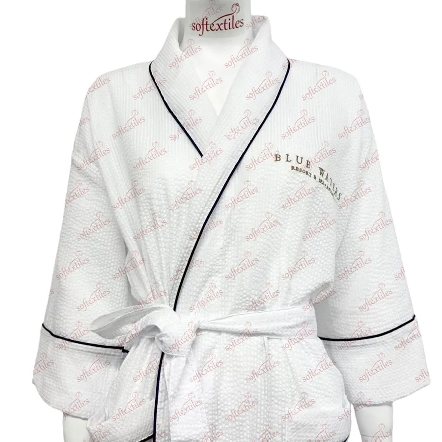 Pure Cotton Seersucker Bathrobe - Collar Detail, Cotton, Shawl Collar / Embroidered, White, 250GSM, Image 6