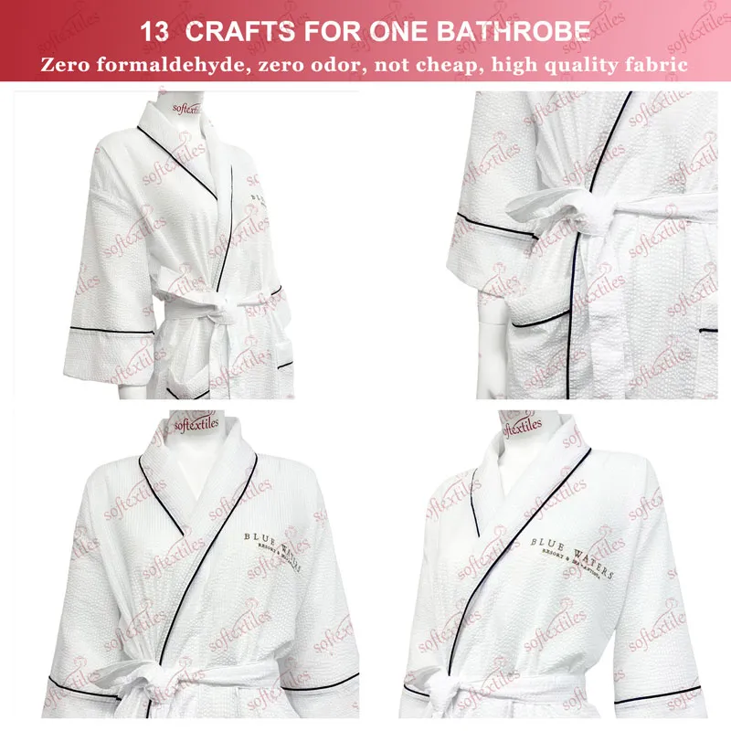 Pure Cotton Seersucker Bathrobe - Detail View, Cotton, Shawl Collar / Embroidered, White, 250GSM, Image 7