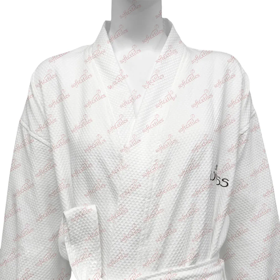 Pure Cotton White Gem Check Bathrobe - Detail View, Cotton, Kimono / Embroidered, White, 250GSM, Image 2