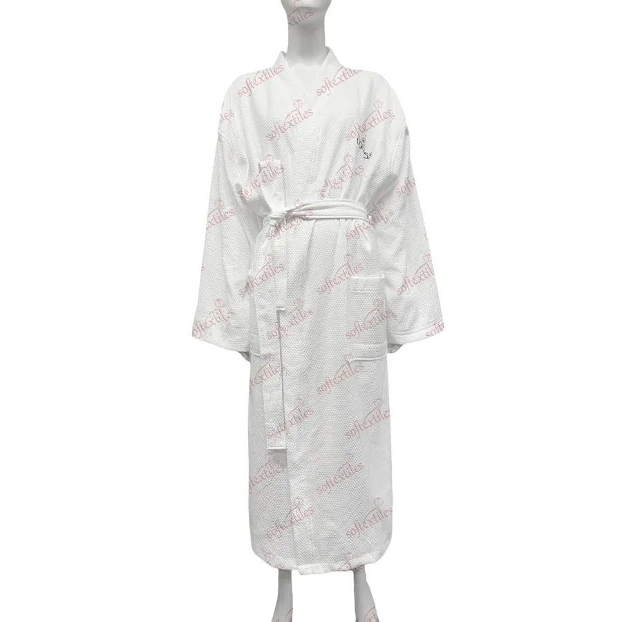 Pure Cotton White Gem Check Bathrobe - Front View, Cotton, Kimono / Embroidered, White, 250GSM, Image 1
