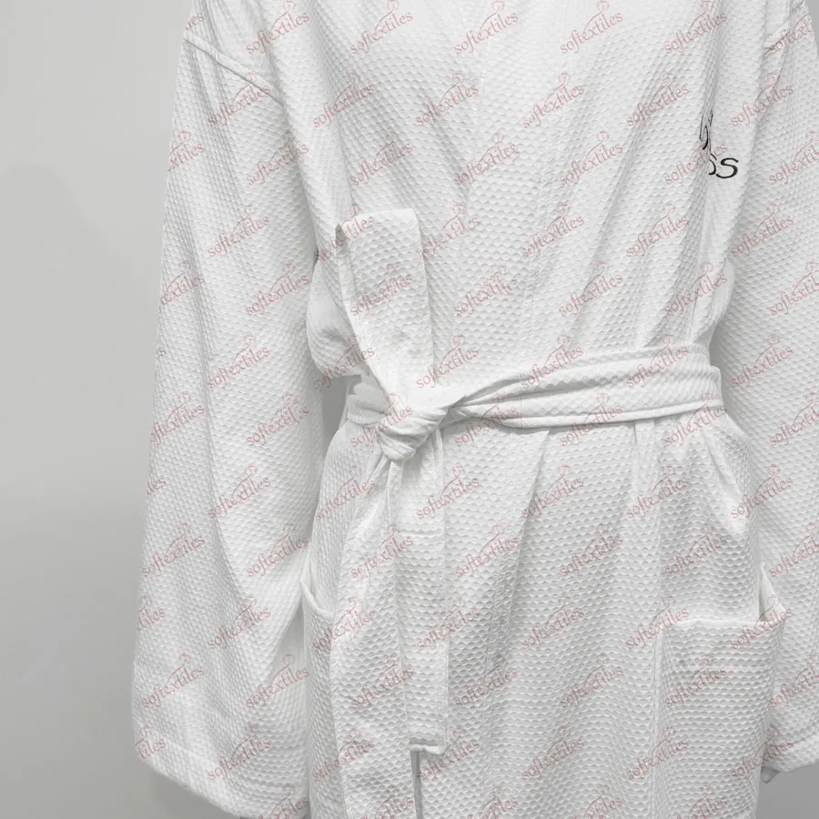 Pure Cotton White Gem Check Bathrobe - Detail View, Cotton, Kimono / Embroidered, White, 250GSM, Image 3