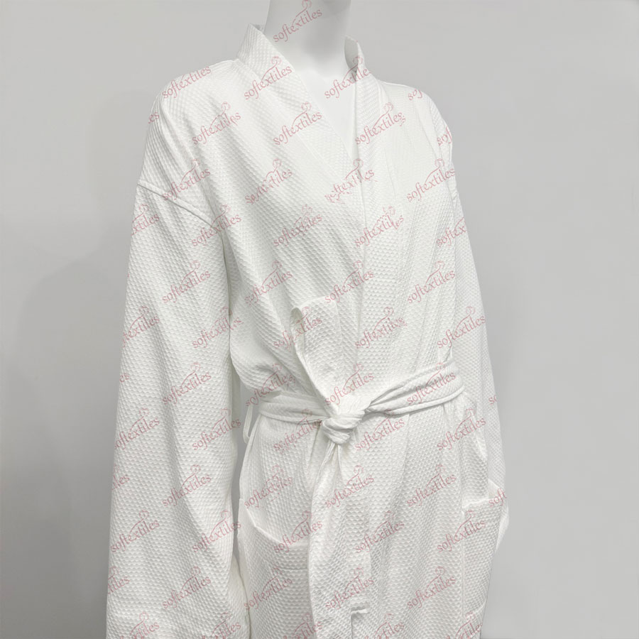 Pure Cotton White Gem Check Bathrobe - Right Side View, Cotton, Kimono / Embroidered, White, 250GSM, Image 4