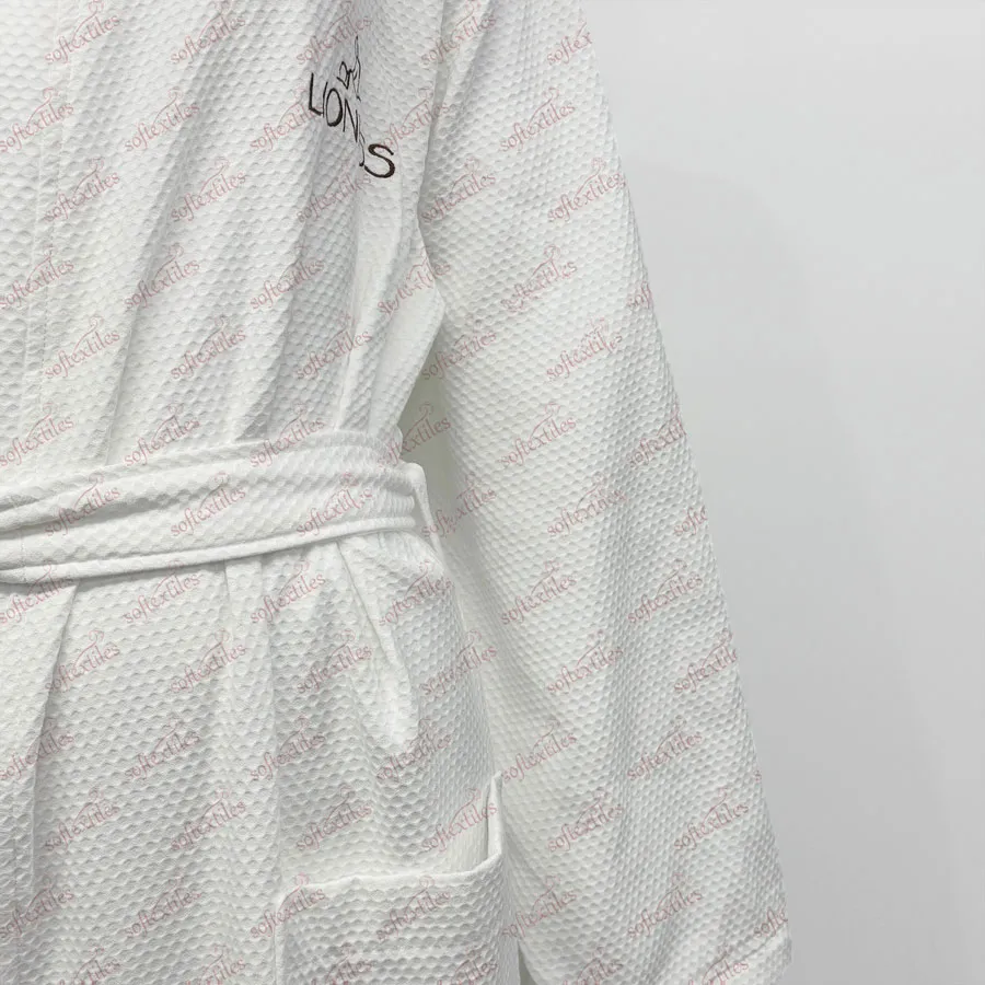 Pure Cotton White Gem Check Bathrobe - Detail View, Cotton, Kimono / Embroidered, White, 250GSM, Image 5