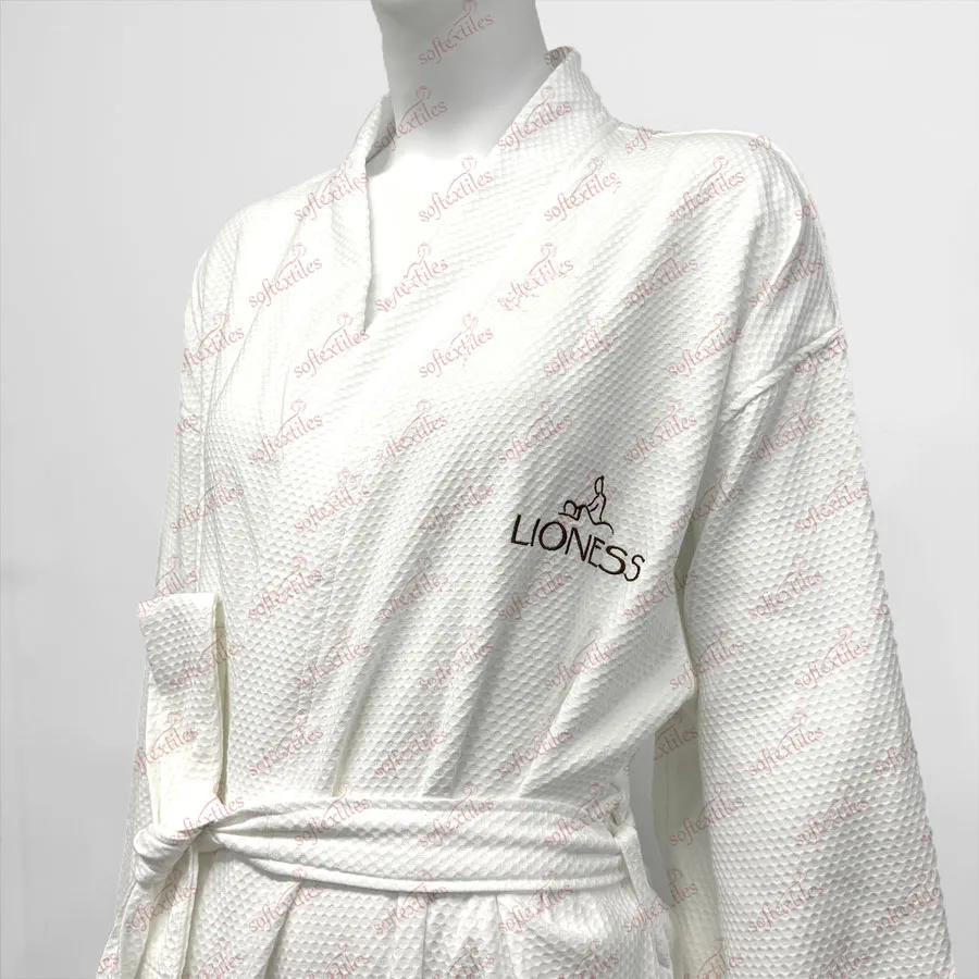 Pure Cotton White Gem Check Bathrobe - Left Side View, Cotton, Kimono / Embroidered, White, 250GSM, Image 6