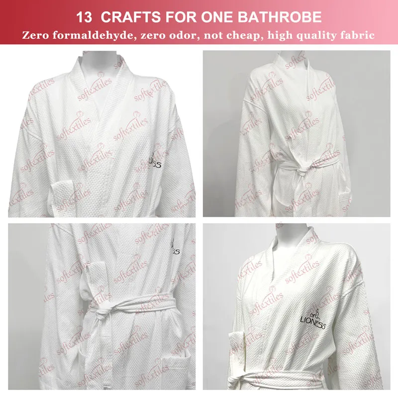 Pure Cotton White Gem Check Bathrobe - Detail View, Cotton, Kimono / Embroidered, White, 250GSM, Image 7