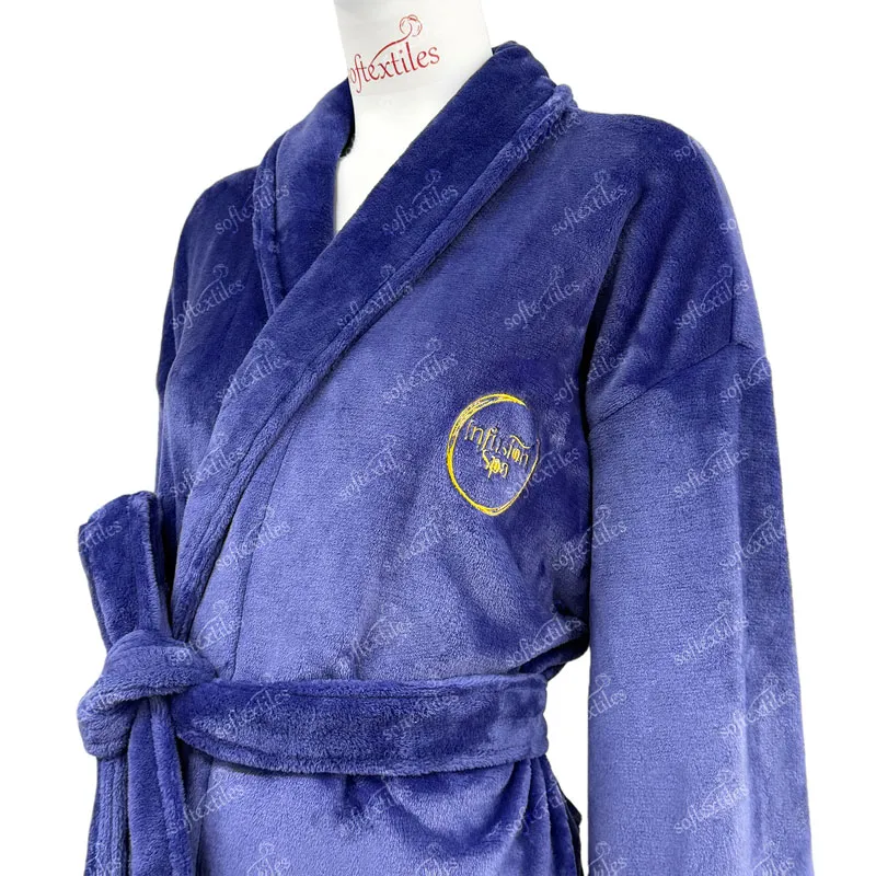 Plush Crystal Velvet Bathrobe - Three-Quarter Front View, Polyester, Shawl Collar, Blue, 400GSM, Image 2