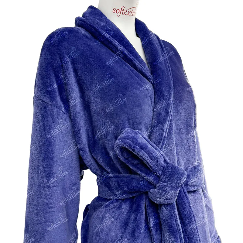 Plush Crystal Velvet Bathrobe - Three-Quarter Front View, Polyester, Shawl Collar, Blue, 400GSM, Image 3
