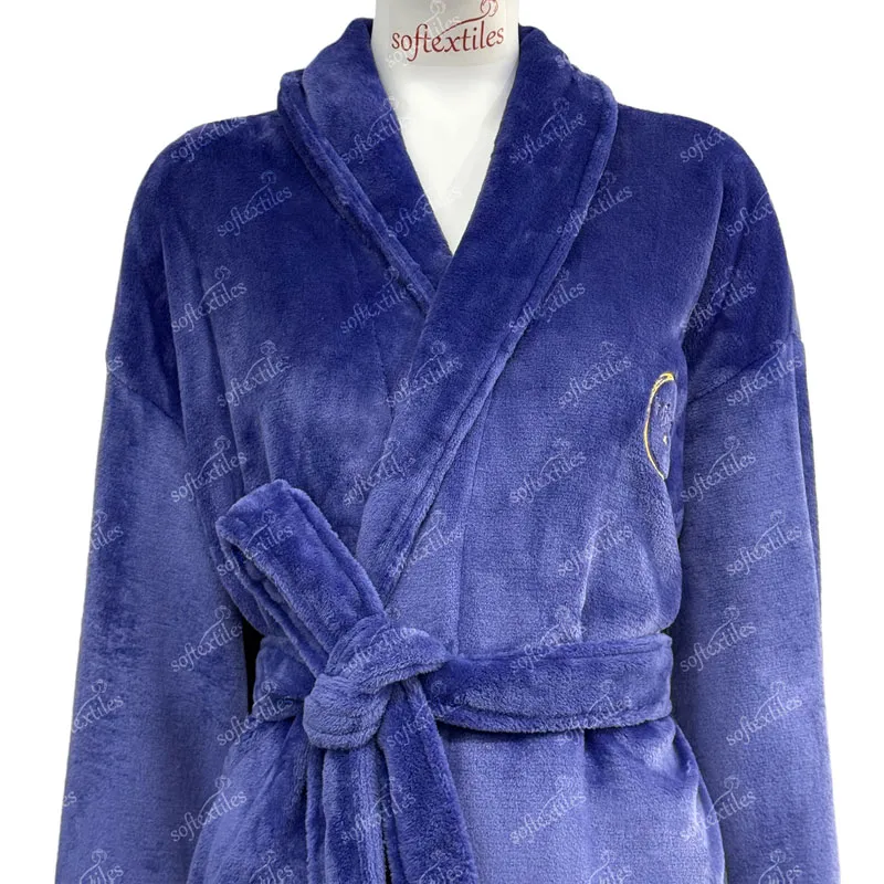 Plush Crystal Velvet Bathrobe - Front View, Polyester, Shawl Collar, Blue, 400GSM, Image 4