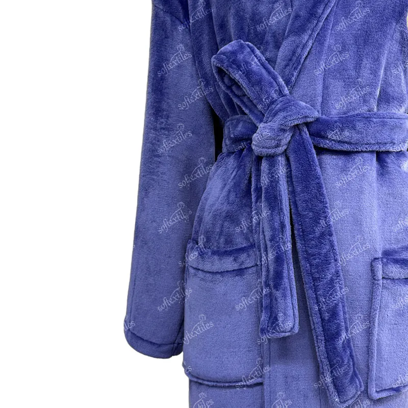 Plush Crystal Velvet Bathrobe - Detail View, Polyester, Shawl Collar, Blue, 400GSM, Image 5