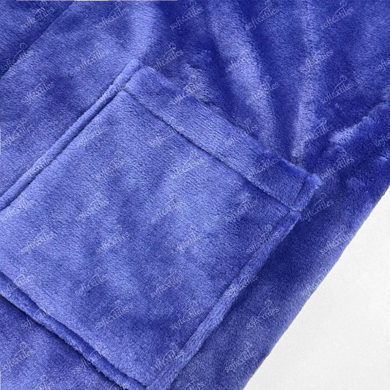 Plush Crystal Velvet Bathrobe - Detail View, Polyester, Shawl Collar, Blue, 400GSM, Image 6