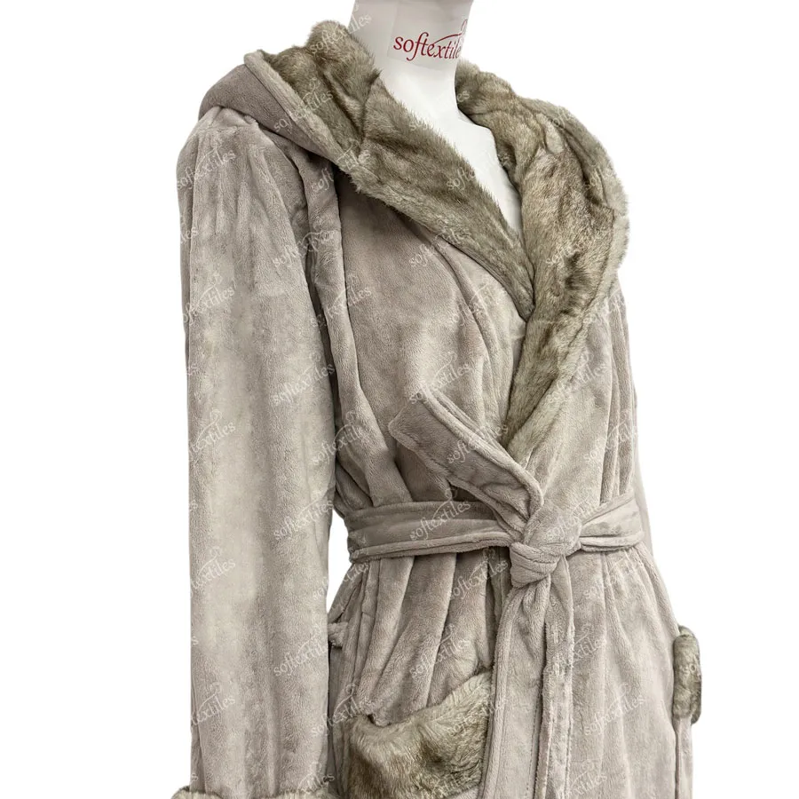 Plush Crystal Velvet Brown Bathrobe - Three-Quarter Front View, Faux Fur, Hooded, Beige, 400GSM, Image 2
