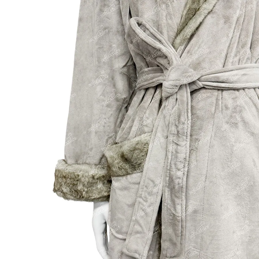 Plush Crystal Velvet Brown Bathrobe - Detail View, Faux Fur, Hooded, Beige, 400GSM, Image 3