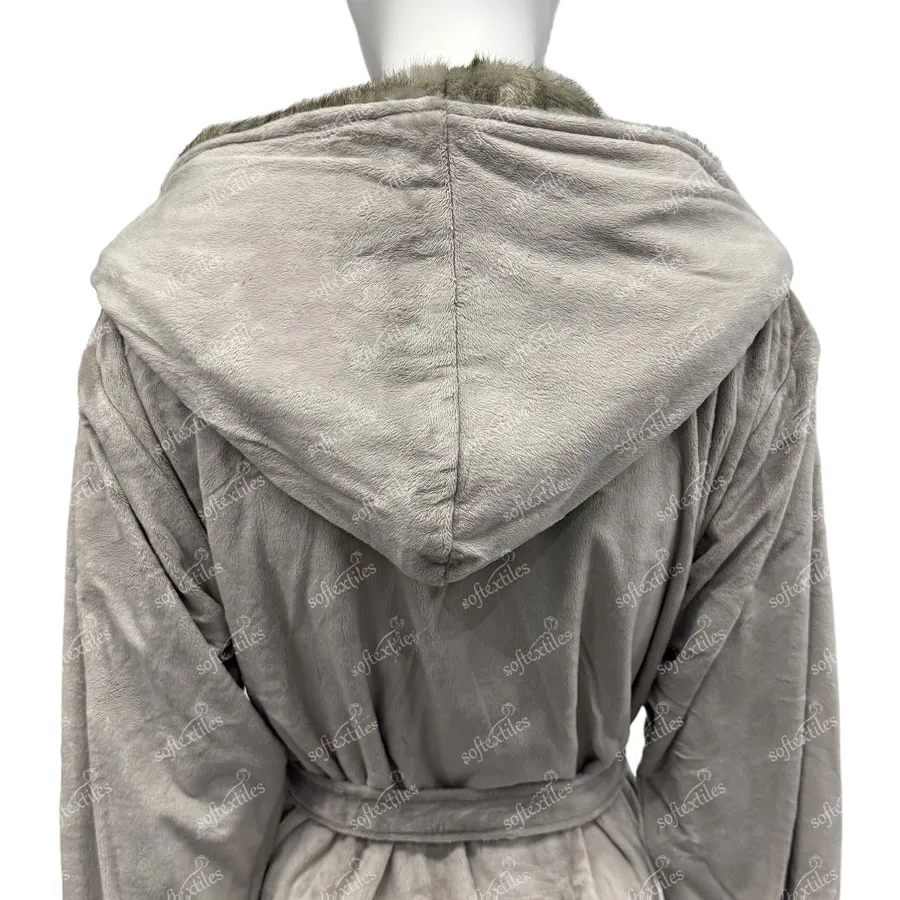 Plush Crystal Velvet Brown Bathrobe - Back View, Faux Fur, Hooded, Beige, 400GSM, Image 4