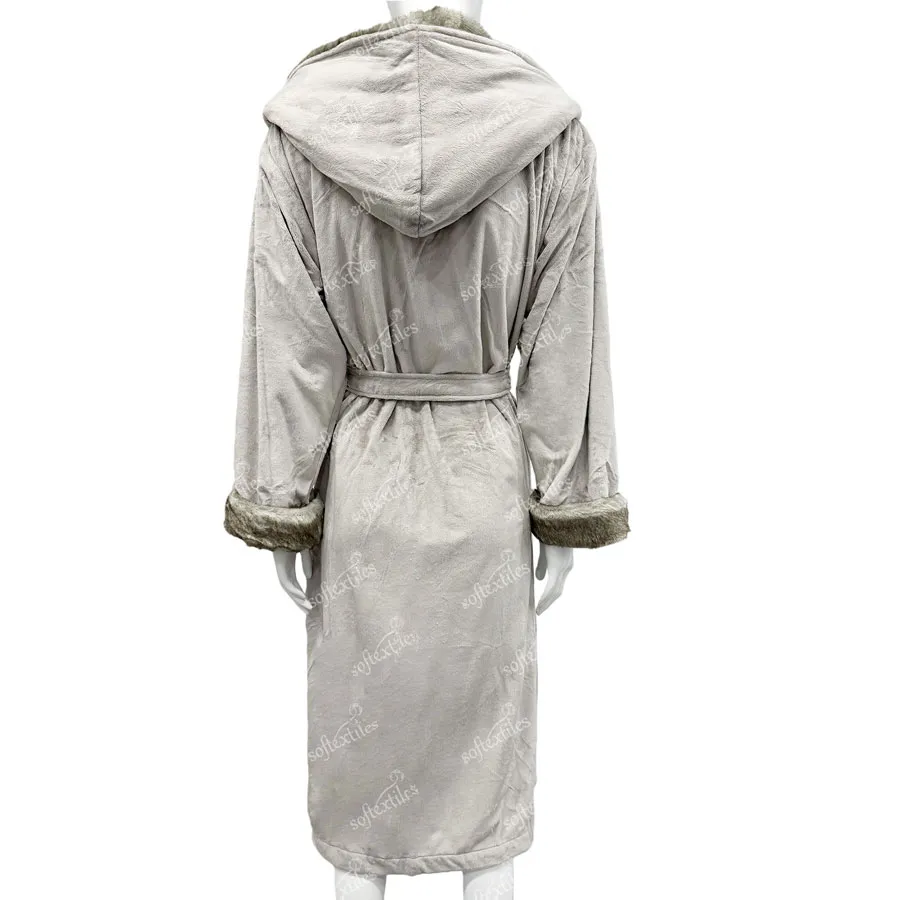 Plush Crystal Velvet Brown Bathrobe - Back View, Faux Fur, Hooded, Beige, 400GSM, Image 5