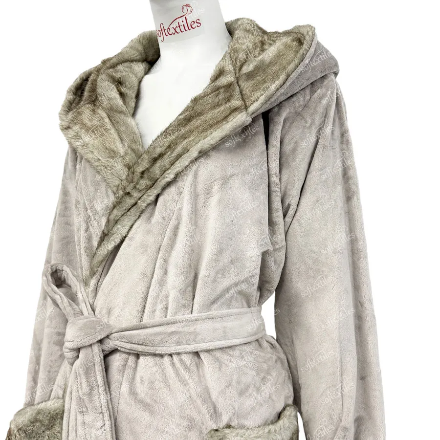 Plush Crystal Velvet Brown Bathrobe - Collar Detail, Faux Fur, Hooded, Beige, 400GSM, Image 6