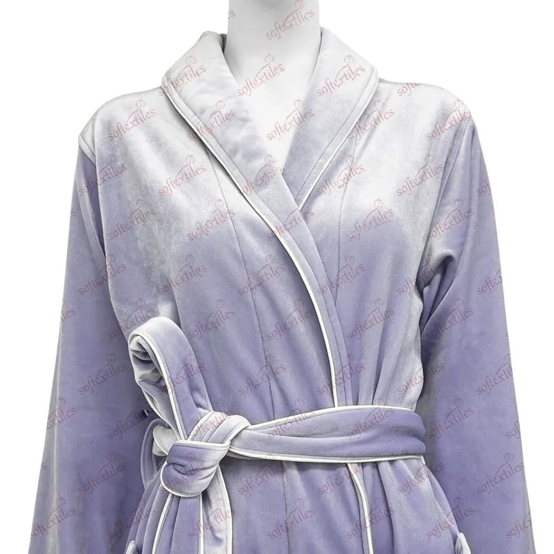 Plush Purple Bright Velvet Bathrobe - Front View, Polyester, Shawl Collar, Purple, 450GSM, Image 1