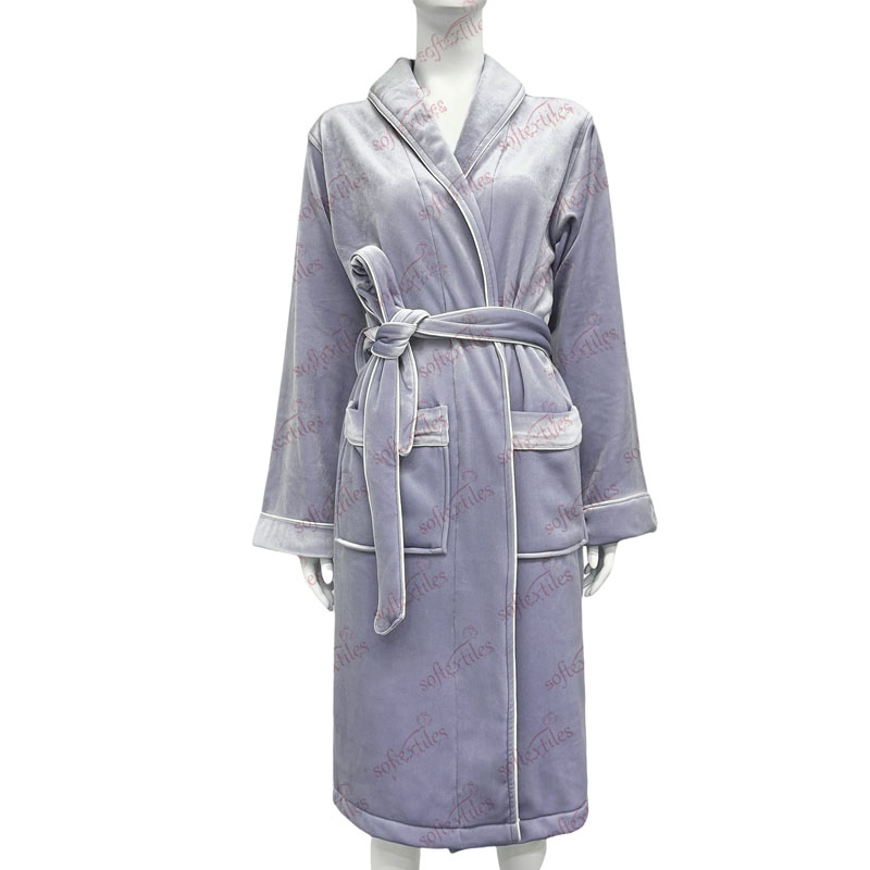 Plush Purple Bright Velvet Bathrobe - Front View, Polyester, Shawl Collar, Purple, 450GSM, Image 2