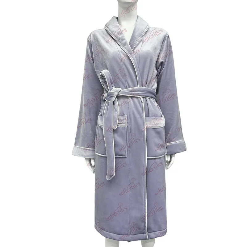 Plush Purple Bright Velvet bathrobe texture review, image 2, showing fabric texture, absorbency cues, and surface handfeel.