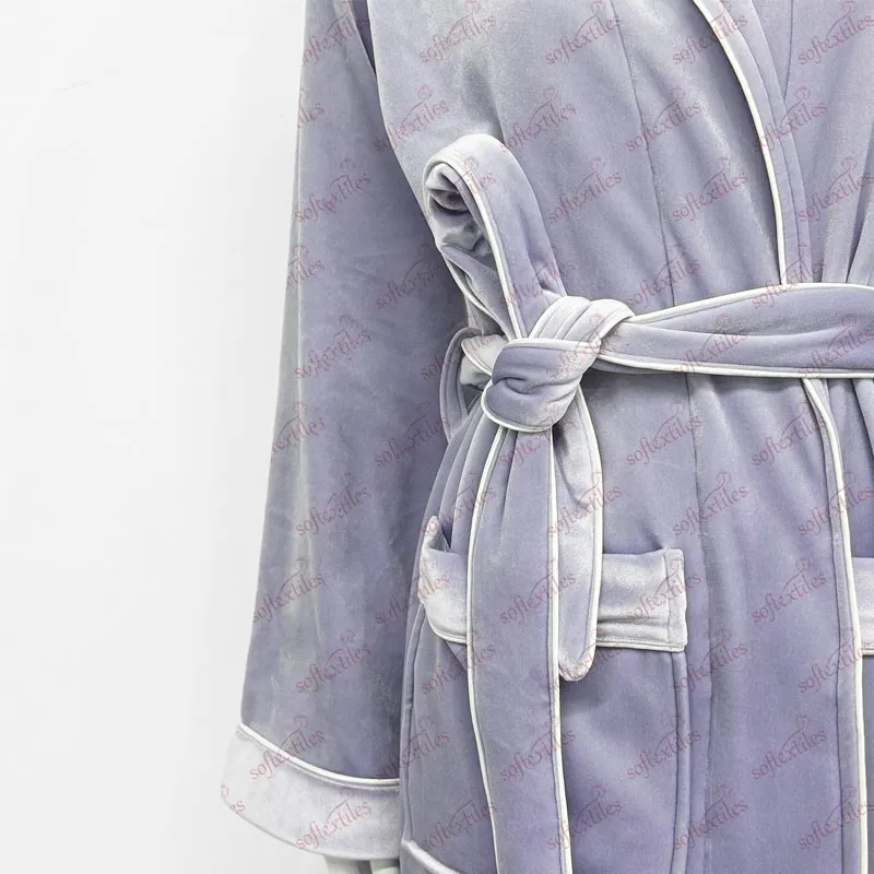 Plush Purple Bright Velvet Bathrobe - Detail View, Polyester, Shawl Collar, Purple, 450GSM, Image 3