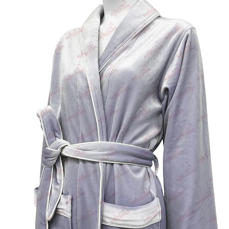 Plush Purple Bright Velvet Bathrobe - Three-Quarter Front View, Polyester, Shawl Collar, Purple, 450GSM, Image 4