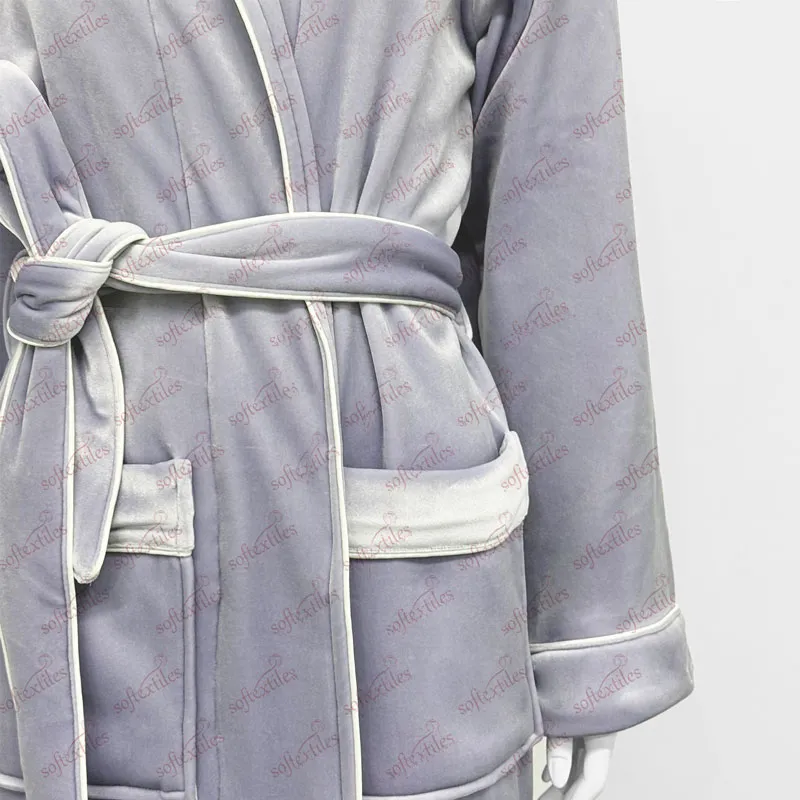 Plush Purple Bright Velvet Bathrobe - Detail View, Polyester, Shawl Collar, Purple, 450GSM, Image 5