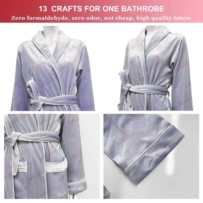 Plush Purple Bright Velvet Bathrobe - Detail View, Polyester, Shawl Collar, Purple, 450GSM, Image 7
