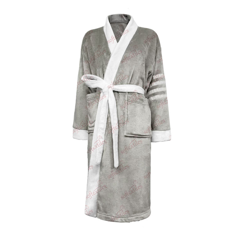 Plush Tom Brown Polyester Gray Bathrobe - Front View, Polyester, Kimono, Grey, 400GSM, Image 1