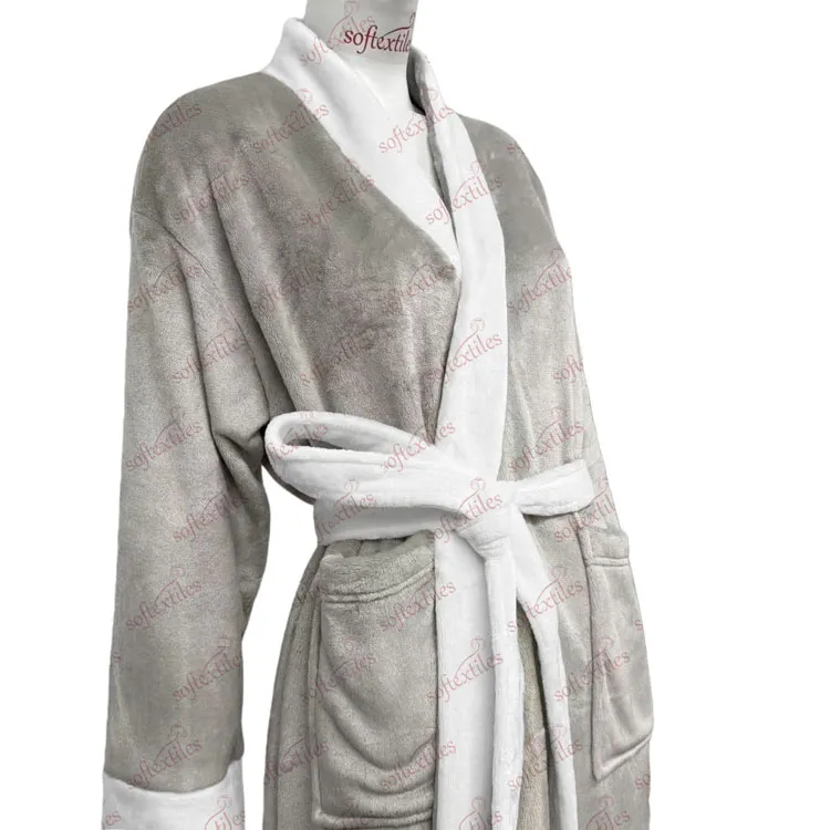 Plush Tom Brown Polyester Gray Bathrobe - Three-Quarter Front View, Polyester, Kimono, Grey, 400GSM, Image 2