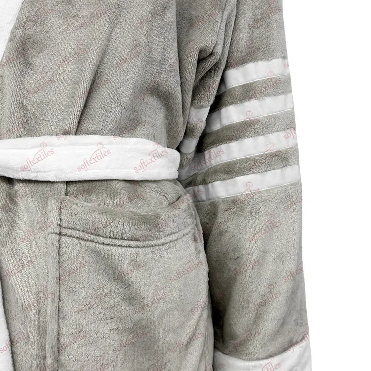 Plush Tom Brown Polyester Gray Bathrobe - Detail View, Polyester, Kimono, Grey, 400GSM, Image 3
