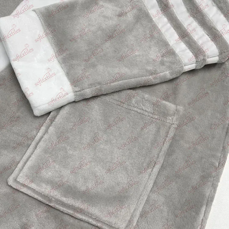 Plush Tom Brown Polyester Gray Bathrobe - Detail View, Polyester, Kimono, Grey, 400GSM, Image 5