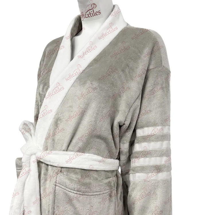 Plush Tom Brown Polyester Gray Bathrobe - Three-Quarter Front View, Polyester, Kimono, Grey, 400GSM, Image 7