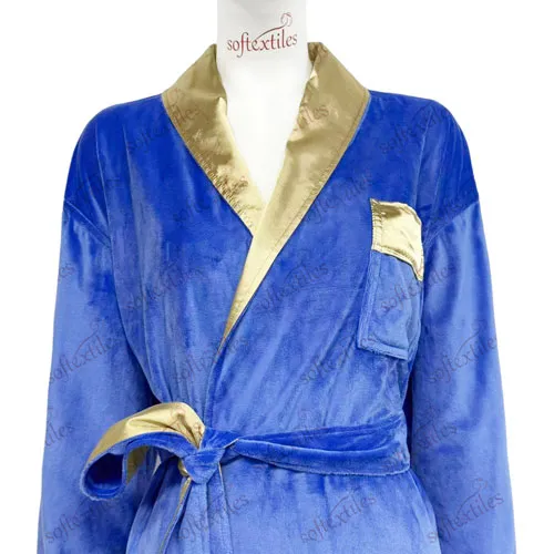 Plush Blue Crystal Velvet Silk Like Inner Double Bathrobe - Collar Detail, Polyester, Shawl Collar, Blue, 300GSM, Image 2