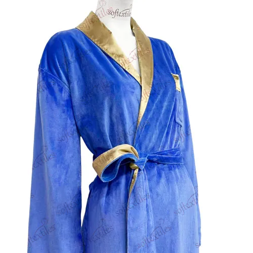 Plush Blue Crystal Velvet Silk Like Inner Double Bathrobe - Three-Quarter Front View, Polyester, Shawl Collar, Blue, 300GSM, Image 3