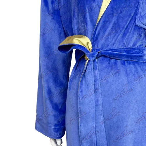 Plush Blue Crystal Velvet Silk Like Inner Double Bathrobe - Detail View, Polyester, Shawl Collar, Blue, 300GSM, Image 4