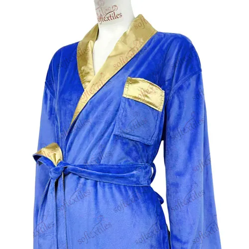 Plush Blue Crystal Velvet Silk Like Inner Double Bathrobe - Right Side View, Polyester, Shawl Collar, Blue, 300GSM, Image 5