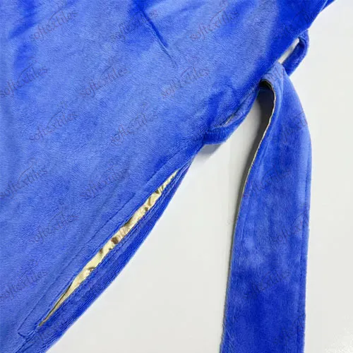 Plush Blue Crystal Velvet Silk Like Inner Double Bathrobe - Detail View, Polyester, Shawl Collar, Blue, 300GSM, Image 6