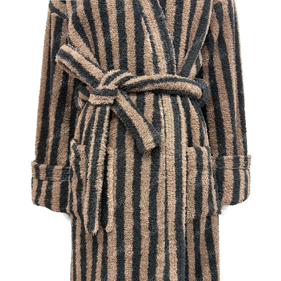Plush Coffee Brown Striped Bathrobe - Detail View, Polyester, Kimono, Brown, 300GSM, Image 1