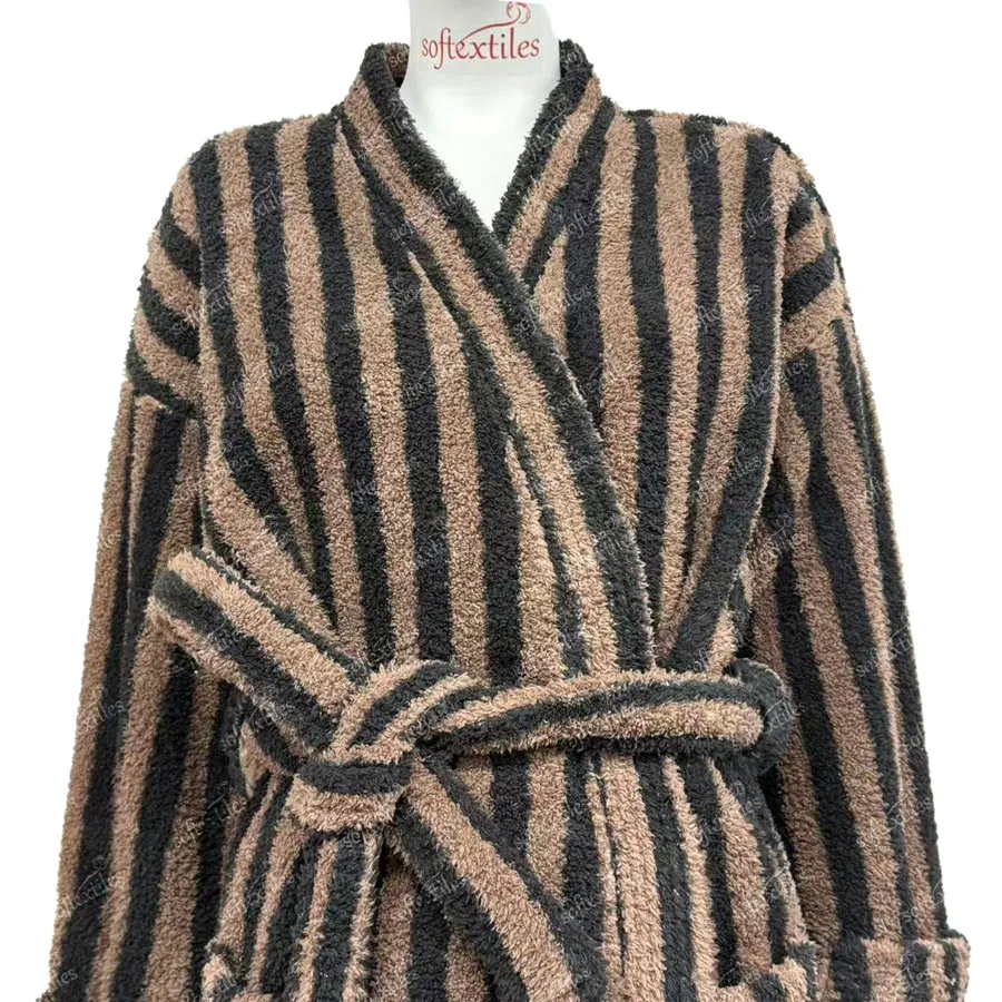 Plush Coffee Brown Striped Bathrobe - Collar Detail, Polyester, Kimono, Brown, 300GSM, Image 2