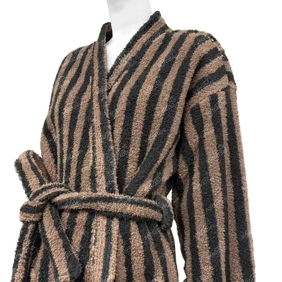 Plush Coffee Brown Striped Bathrobe - Left Side View, Polyester, Kimono, Brown, 300GSM, Image 3